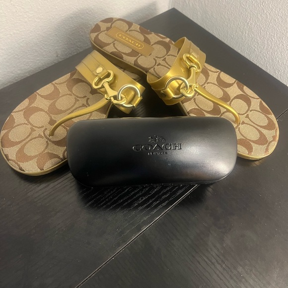 Coach Shoes - Gold Coach Sandals with Black Coach Sunglass case
